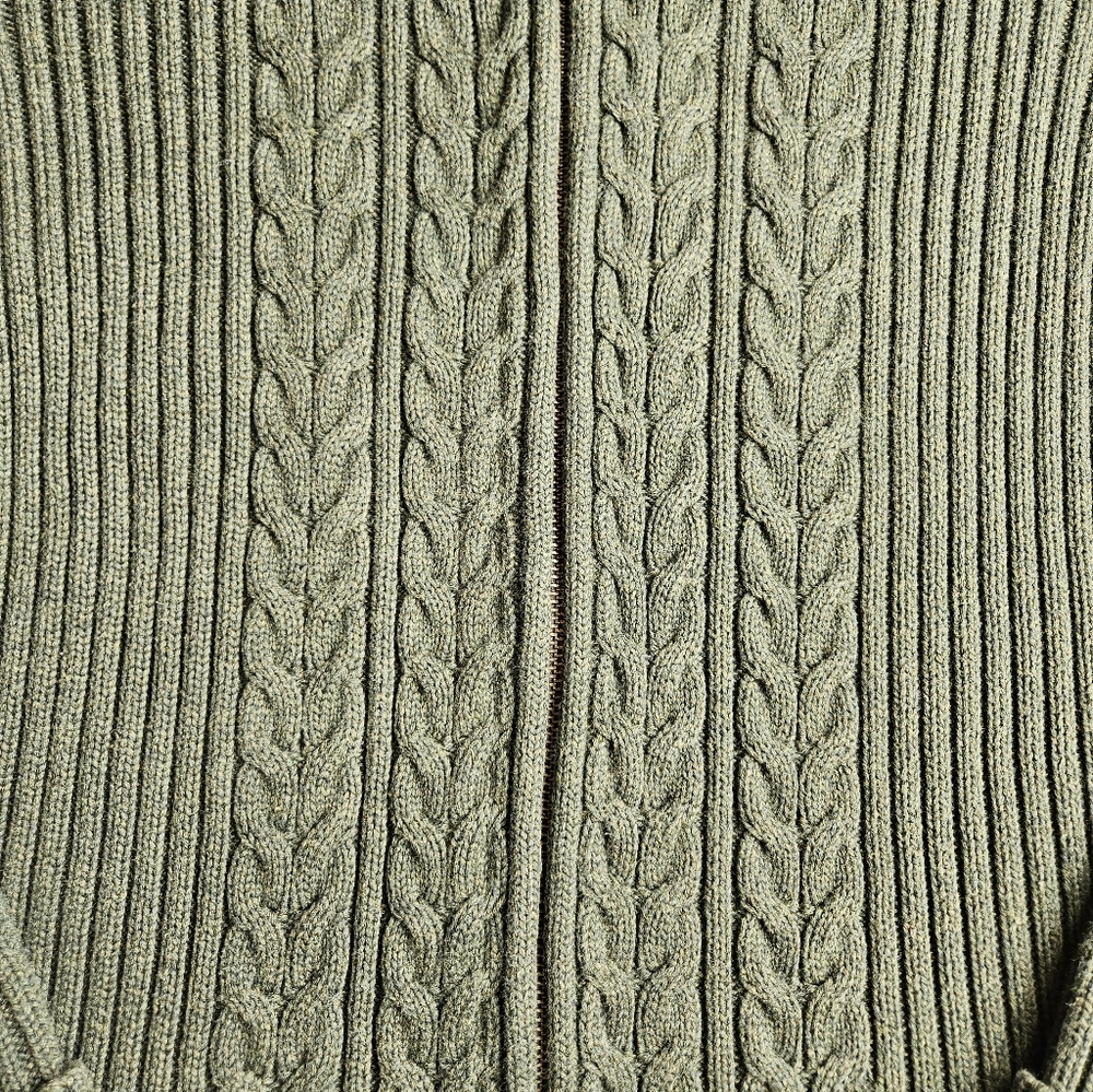 Land's End 90s Y2K Style Zip Front Cardigan Sweater Cable Knit Army Green Large - Picture 2 of 13